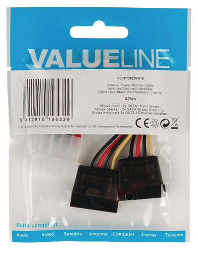 Valueline vlcp73520v015 interne stroom splitterkabel molex mannelijk - 2x sata 15-pins vrouwelijk 0,15 m veelkleurig