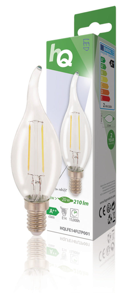 Hq lfe14fltp001 led retro filament lamp e14 gebogen kaars 2 w 210 lm 2700 k