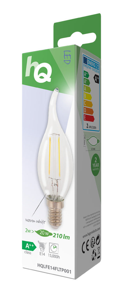 Hq lfe14fltp001 led retro filament lamp e14 gebogen kaars 2 w 210 lm 2700 k