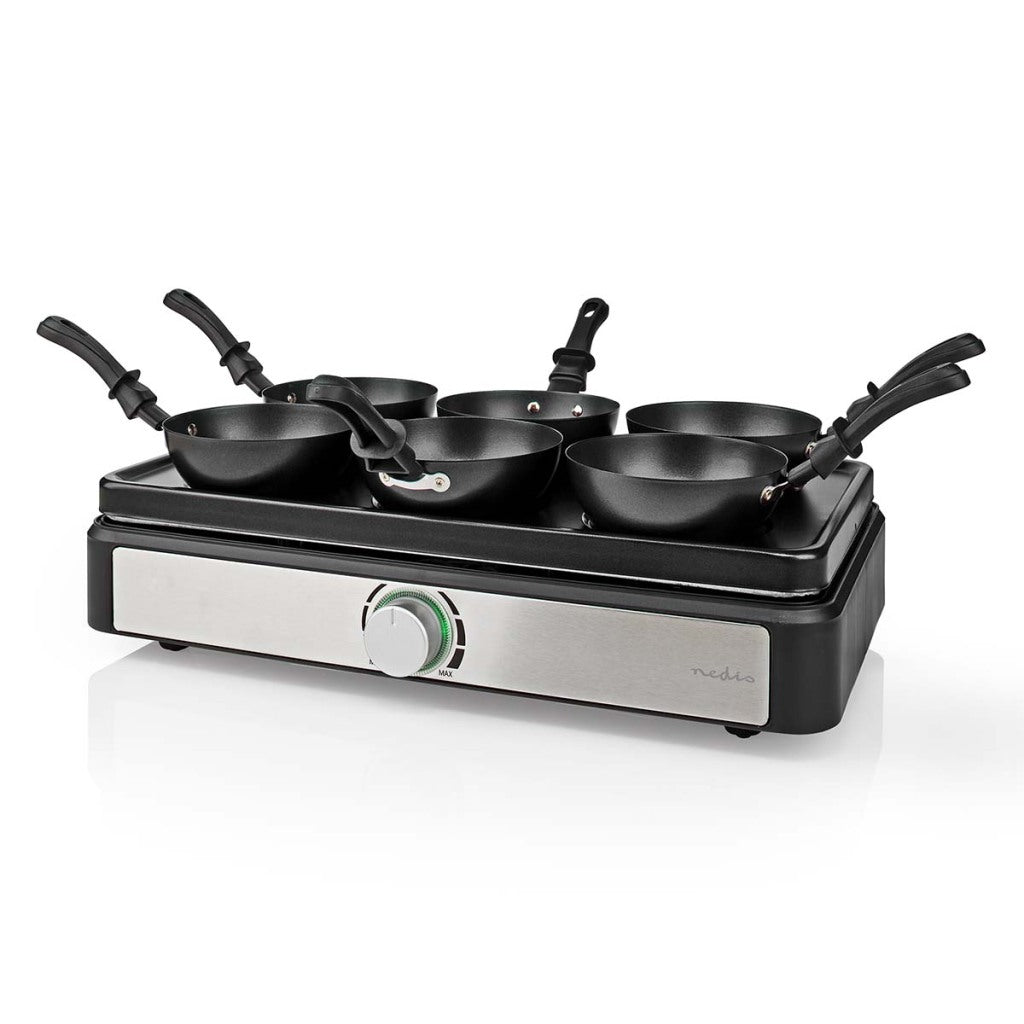 Nedis fcra310fbk6 party wokset grill 6 personen spatel temperatuurinstelling anti-aanbak laag rechthoek