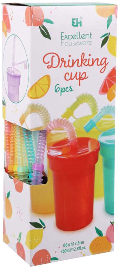 Gekleurde drinkbekers met rietje, 6st.