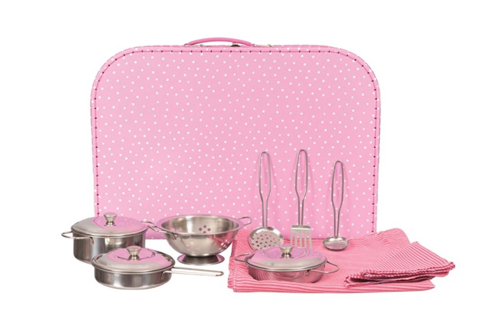 Pannenset metaal in koffer roze. 38x26x8