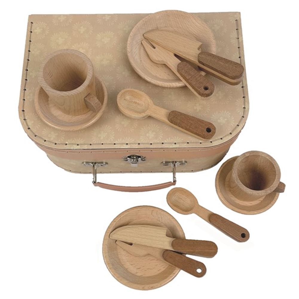 Houten ontbijtset in koffer. 3+