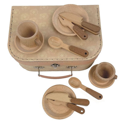 Houten ontbijtset in koffer. 3+