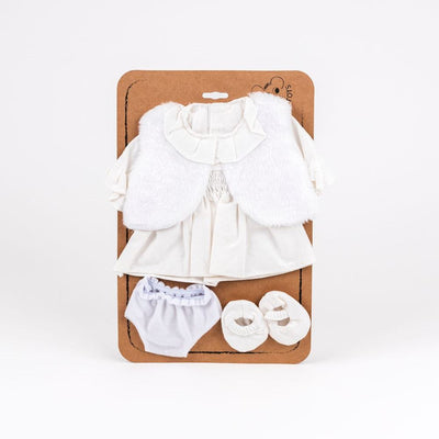 Poppen:witte jurk witte jas. 4 delig. 2+