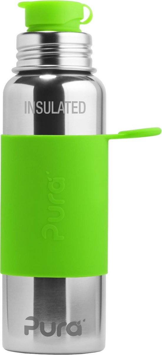 Pura thermos sportfles 650 ml - thermoskan - thermosbeker - plasticvrij - met dubbele wand - inclusief sportdop en sportsleeve - top is verwisselbaar - groen