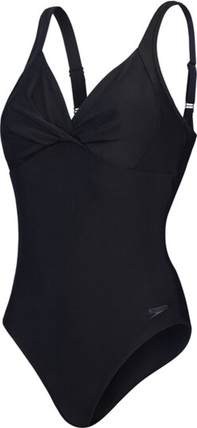 Speedo shaping cross knot 1 piece dames sportbadpak - corrigerend badpak dames - zwempak dames met uitneembare cups - sportbadpak dames met hartvormige halslijn en verstelbare bandjes - zwart - 50