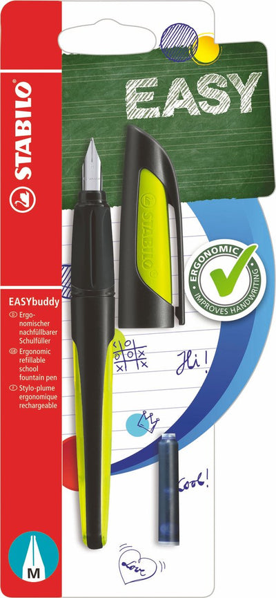 Stabilo easybuddy - ergonomische vulpen - zwart lime - standaard m punt voor rechtshandigen