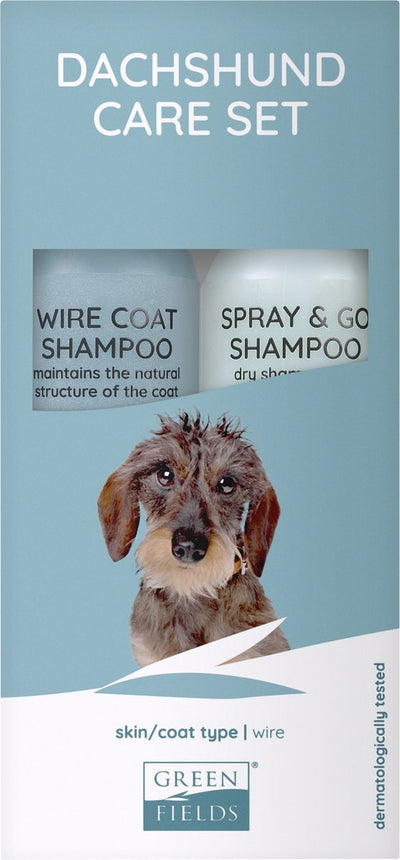 Greenfields vacht verzorgingsset voor teckel dachshund - voor gezonde en zachte vacht - wire coat shampoo en spray go droogshampoo 250ml