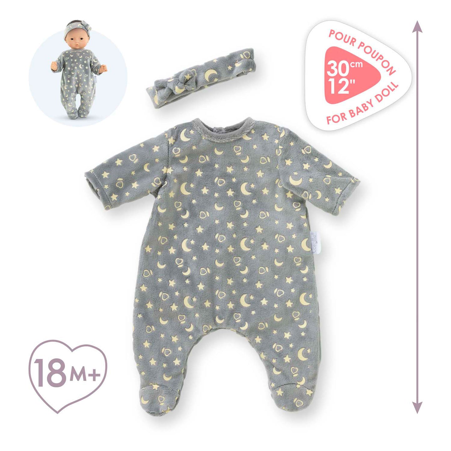 Corolle poppen pyjama en hoofdband 30cm - glow in the dark babypop kleding.