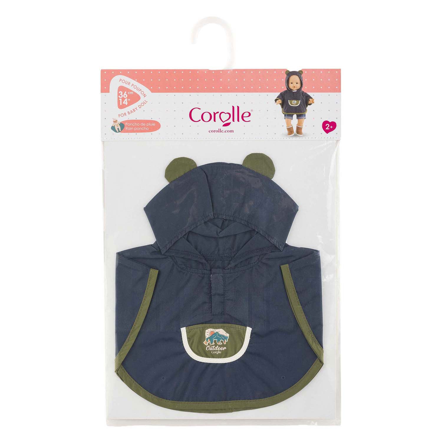 Corolle regenponcho poppenkostuum 36cm met capuchon en berenoortjes.