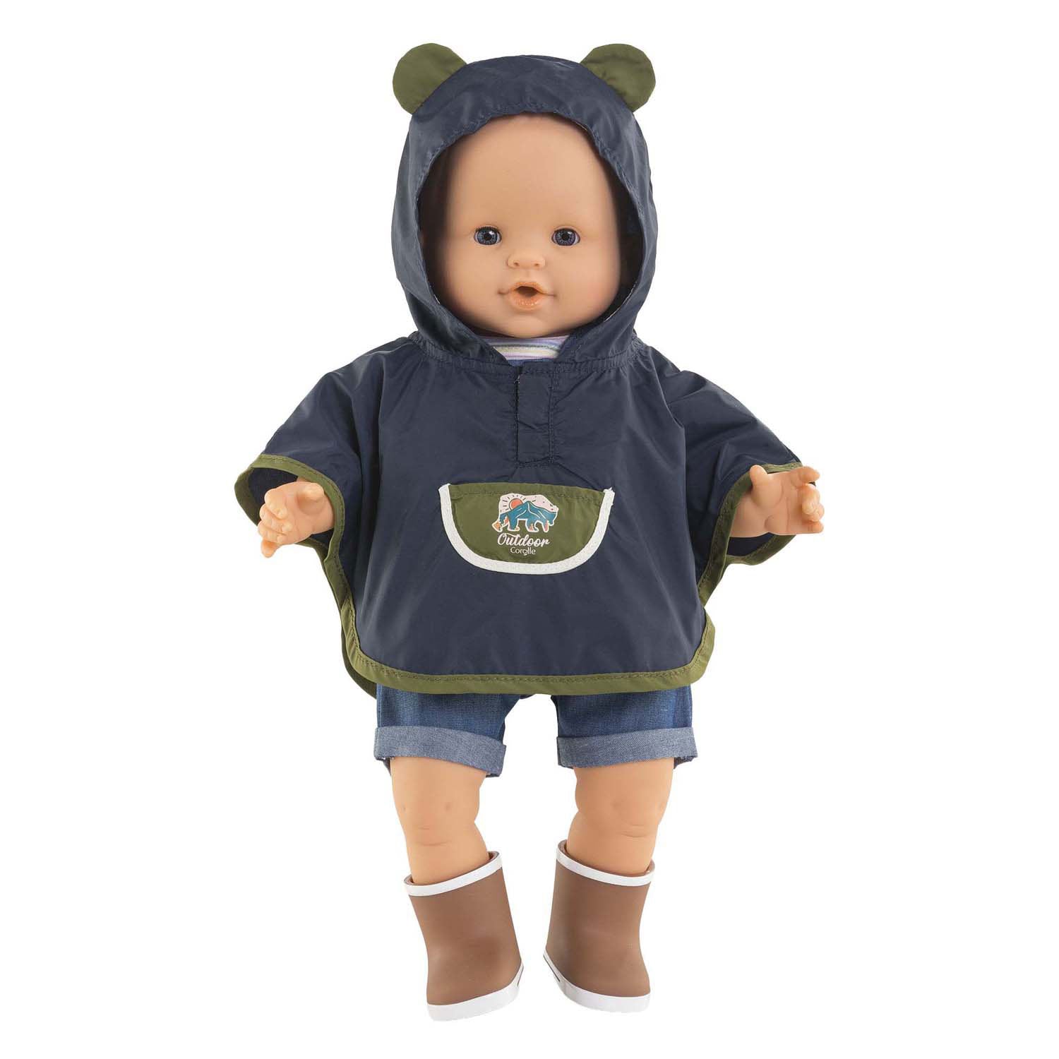 Corolle regenponcho poppenkostuum 36cm met capuchon en berenoortjes.