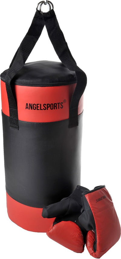 Longfield bokszak met handschoenen pvc leer rood zwart – kinder bokszak 50 cm – 7,2 kg – inclusief bokshandschoenen draagtas – trainingsset voor kinderen – engelhart