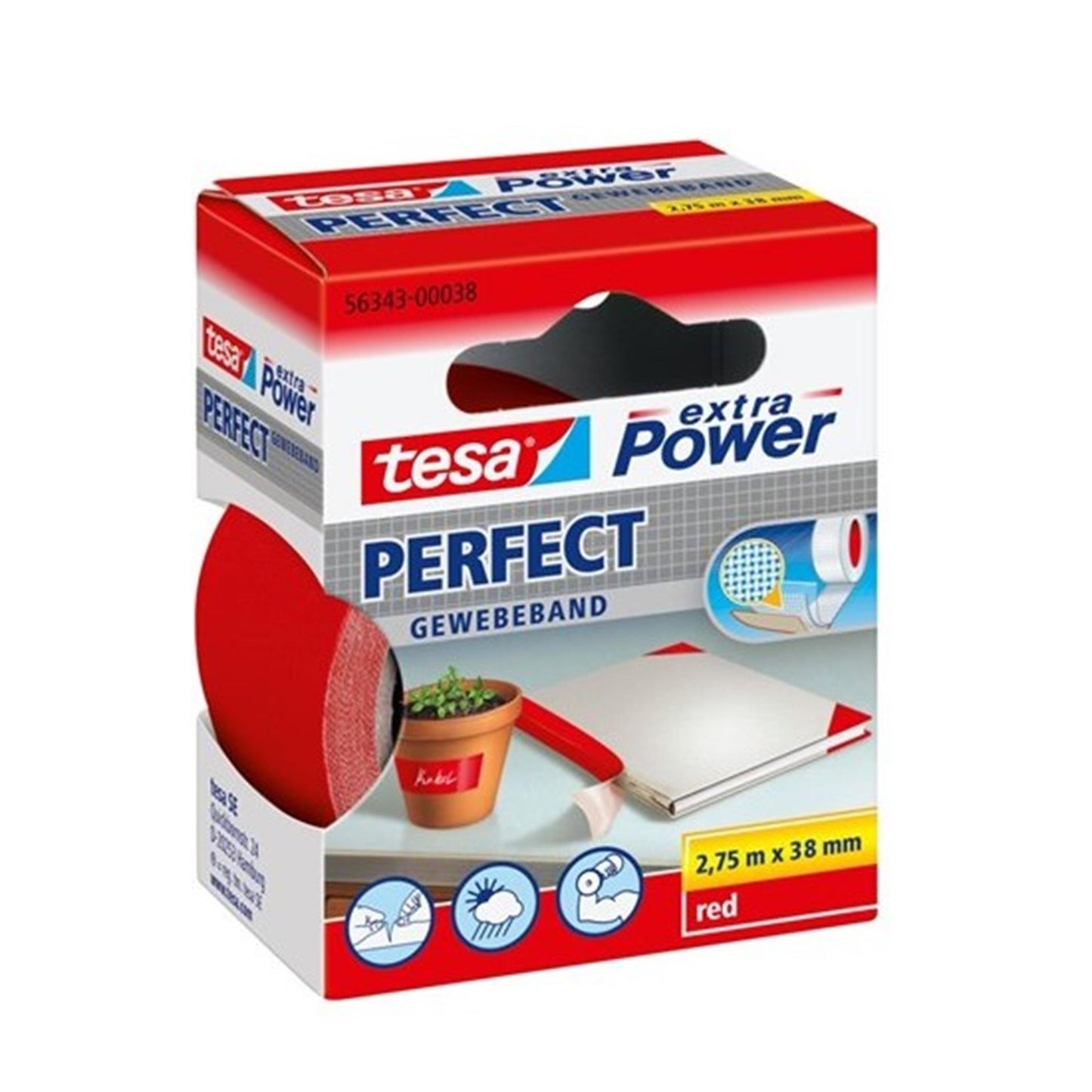 Tesa perfect 56343-00038-03 textieltape extra power rood (l x b) 2.75 m x 38 mm 1 stuk(s)
