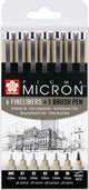 Sakura pigma micron fineliners set - 6 fineliners + 1 pigma penseel