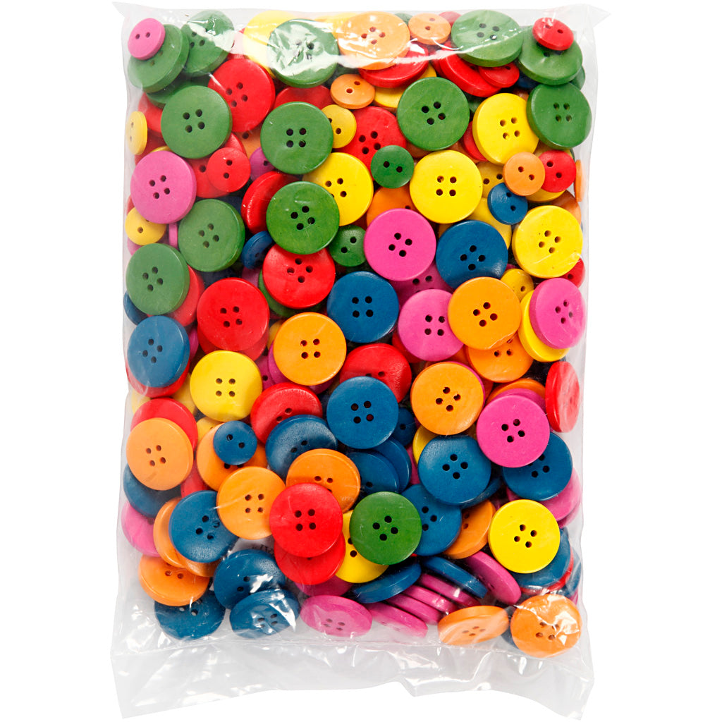 Creotime houten knopen, d: 12-20 mm, kleuren assorti, 2-4 gaten, 360 assorti