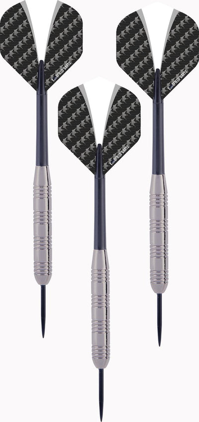 Engelhart darts tungsten look set 23 g – 3 steeltip dartpijlen – tungsten look barrel – nylon shaft – wit zwarte flight – inclusief etui – longfield