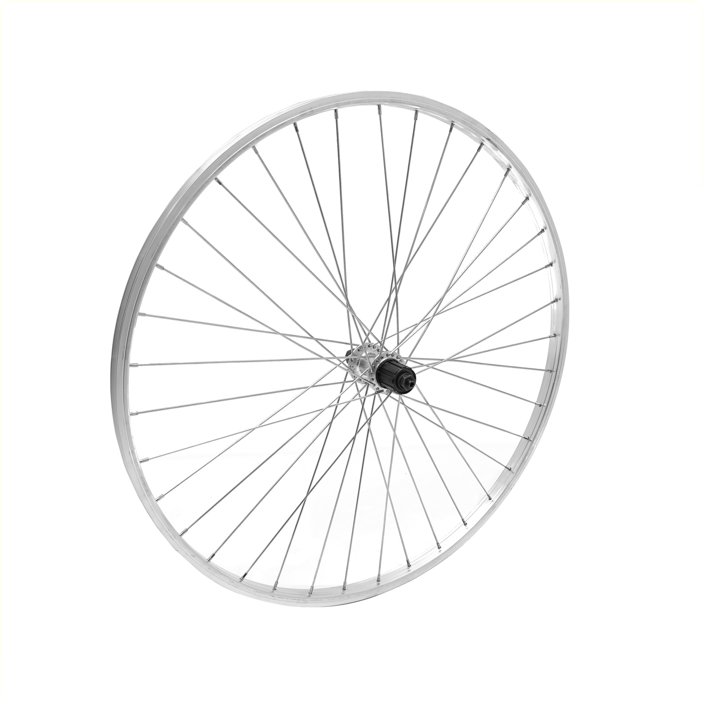 Achterwiel 28x1 5 8x1 3 8 aluminium velg, zilver. Uitval cassette naaf, 7 speed, spaak 13