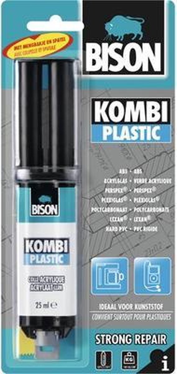 Bison kombi plastic blister 25 ml, super sterk, vullend, 2-componentenlijm, inclusief mengbankje en mengspatel, temperatuurbestendig van - 40°c tot + 120°c