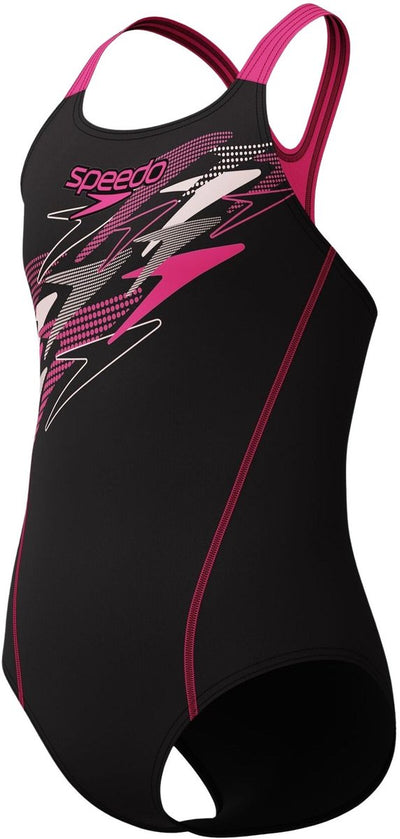 Speedo medley logo medalist meisjes sportbadpak - badpak meisjes met stretch - vormvast zwempak meisjes - sportbadpak meisjes met medalist-bandjes - zwart roze - 152