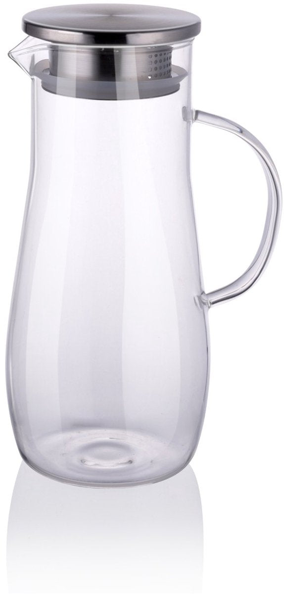 Alpina glazen waterkan 1.4l - schenkkan met rvs deksel en filter - karaf van borosilicaatglas - transparante kan voor koude en warme dranken