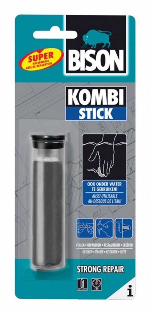 Bison kombi stick 56 gram 2 componenten epoxy kneedmassa - voor 1001 reparaties in en om het huis, snel, overschilderbaar, krimpt niet, binnen buiten, auto, boot caravan, gereedschap