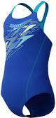 Speedo medley logo medalist meisjes sportbadpak - badpak meisjes met stretch - vormvast zwempak meisjes - sportbadpak meisjes met medalist-bandjes - blauw paars - 140