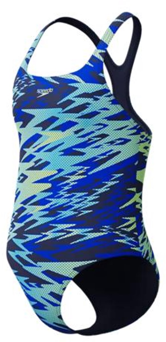 Speedo hyperboom print medalist meisjes sportbadpak - kleurvast badpak meisjes - chloorbestendig zwempak meisjes - sportbadpak meisjes met medalist-bandjes - marine groen - 140