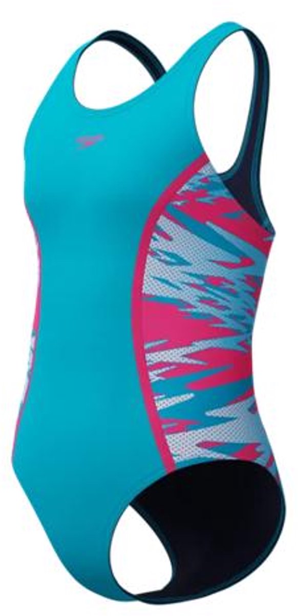 Speedo hyperboom splice muscleback meisjes sportbadpak - kleurvast badpak meisjes - chloorbestendig zwempak meisjes - sportbadpak meisjes met muscleback-rug - turquoise roze - 128