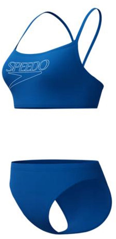 Speedo endurance logo thin strap 2 piece dames - kleurvaste bikini dames - chloorbestendige sportbikini dames - zwembikini dames met v-vormige bandjes - blauw wit - 36