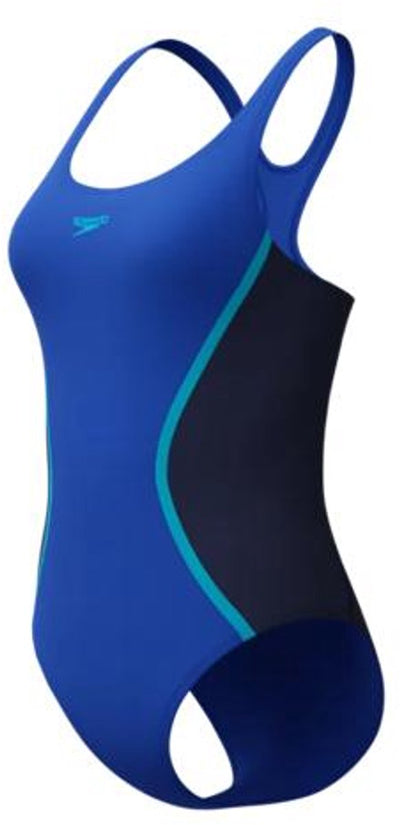 Speedo solid splice medalist 1 piece dames sportbadpak - kleurvast badpak dames - chloorbestendig zwempak dames - sportbadpak dames met medalist-rug - marine blauw - 44
