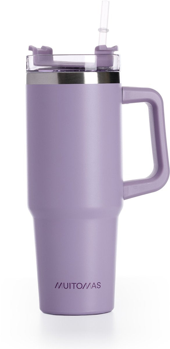Muitomas reismok - travel mug - dubbele geïsoleerde wand - praktisch rietje handvat - 900ml - violet