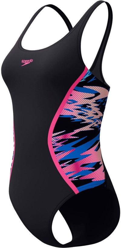 Speedo hyperboom muscleback dames sportbadpak - kleurvast badpak dames - chloorbestendig zwempak dames - sportbadpak dames met muscleback-rug - zwart roze - 44