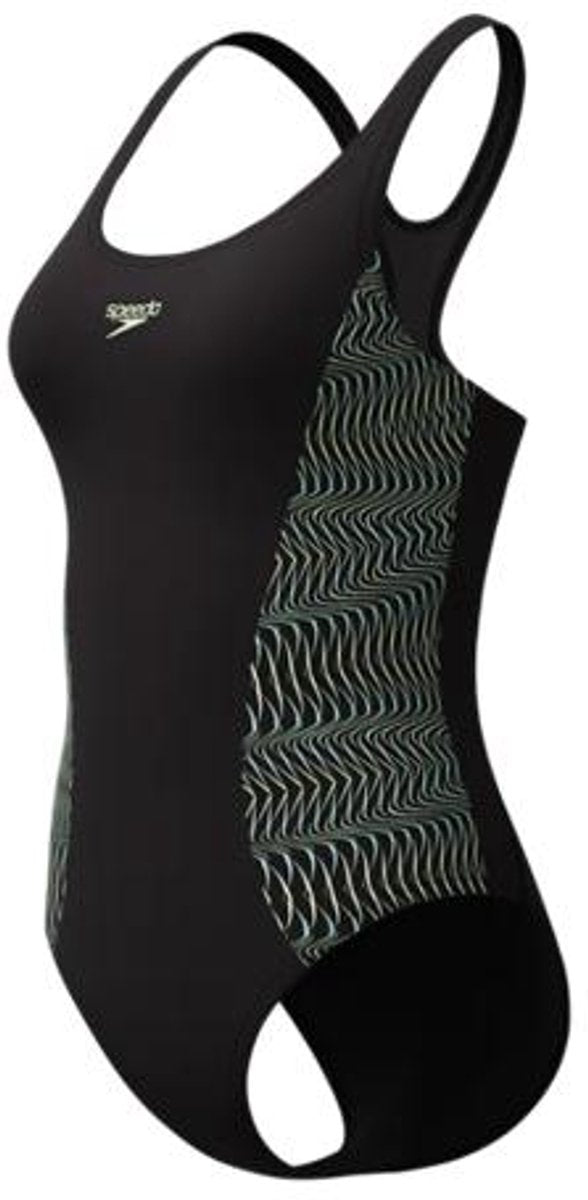 Speedo placement medalist 1 piece dames sportbadpak - badpak dames met stretch - vormvast zwempak dames - sportbadpak dames met medalist-rug - zwart groen - 40
