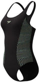 Speedo placement medalist 1 piece dames sportbadpak - badpak dames met stretch - vormvast zwempak dames - sportbadpak dames met medalist-rug - zwart groen - 40