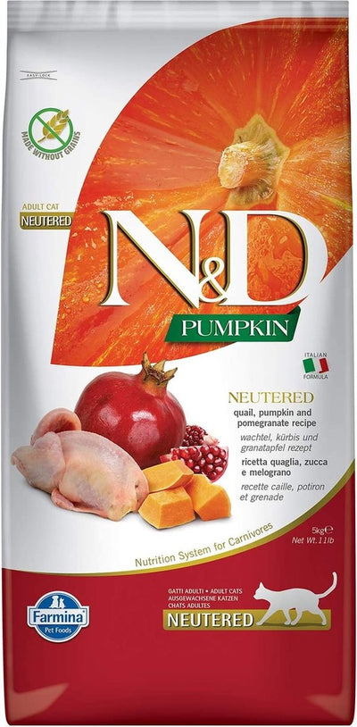 Farmina pet food n d gesteriliseerd kattenvoer kwartel en pompoen 5 kg|n d sterilized cat food quail and pumpkin 5 kg|n d nourriture stérilisée pour chats cailles et citrouille 5 kg