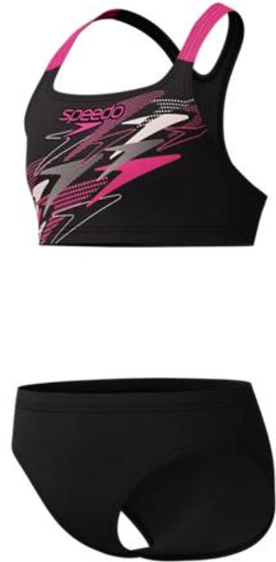 Speedo medley logo racerback 2 piece meisjes sportbadpak- bikini meisjes voor sport - vormvaste sportbikini meisjes - zwembikini meisjes met racerback-top - zwart roze - 128