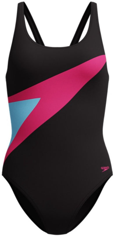Speedo hyperboom butterfly back dames sportbadpak - kleurvast badpak dames - chloorbestendig zwempak dames - sportbadpak dames met vlinderrug - zwart roze - 42