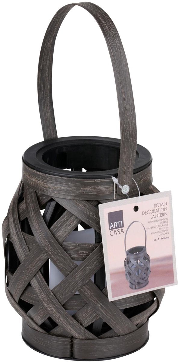 Arti casa rotan lantaarn met handvat - decoratieve kaars lantaarn - 13 x 30 cm - donkerbruin