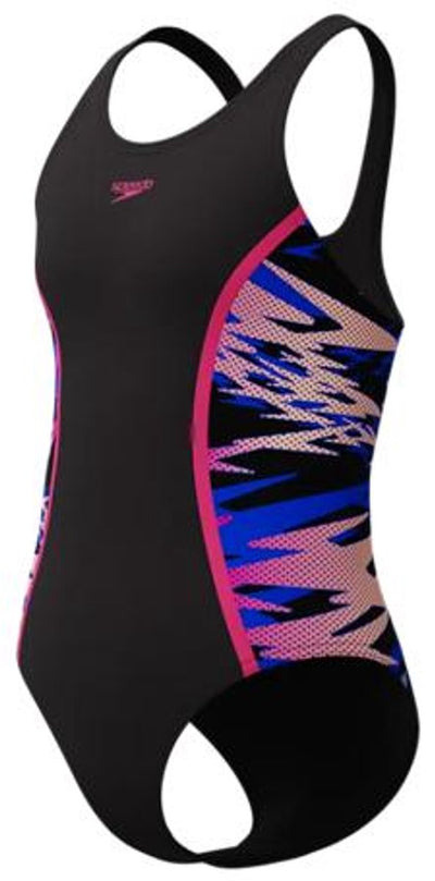 Speedo hyperboom splice muscleback meisjes sportbadpak - kleurvast badpak meisjes - chloorbestendig zwempak meisjes - sportbadpak meisjes met muscleback-rug - zwart roze - 140