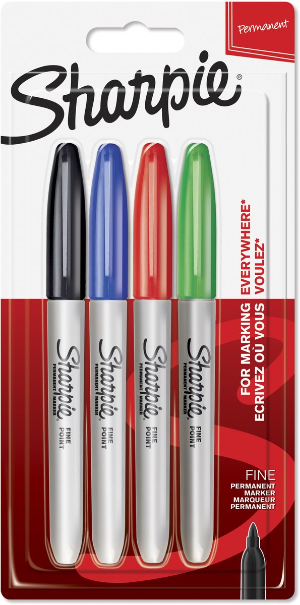 Sharpie permanentmarkers | fijne punt | zwarte, blauwe, rode en groene inkt | 4 stuks