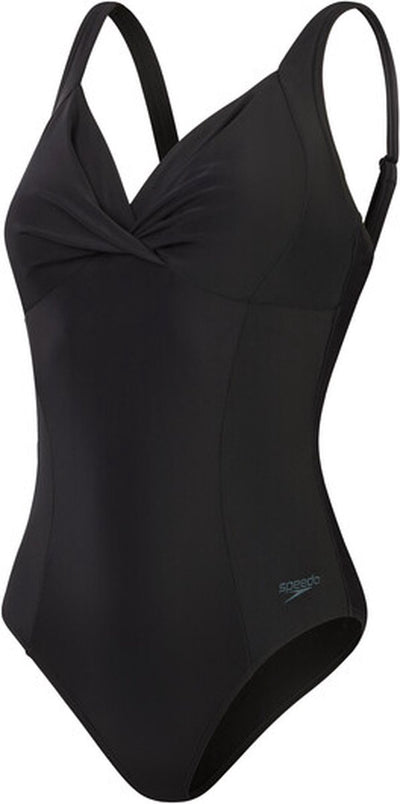 Speedo shaping cross knot 1 piece dames sportbadpak - corrigerend badpak dames - zwempak dames met uitneembare cups - sportbadpak dames met hartvormige halslijn en verstelbare bandjes - zwart - 46