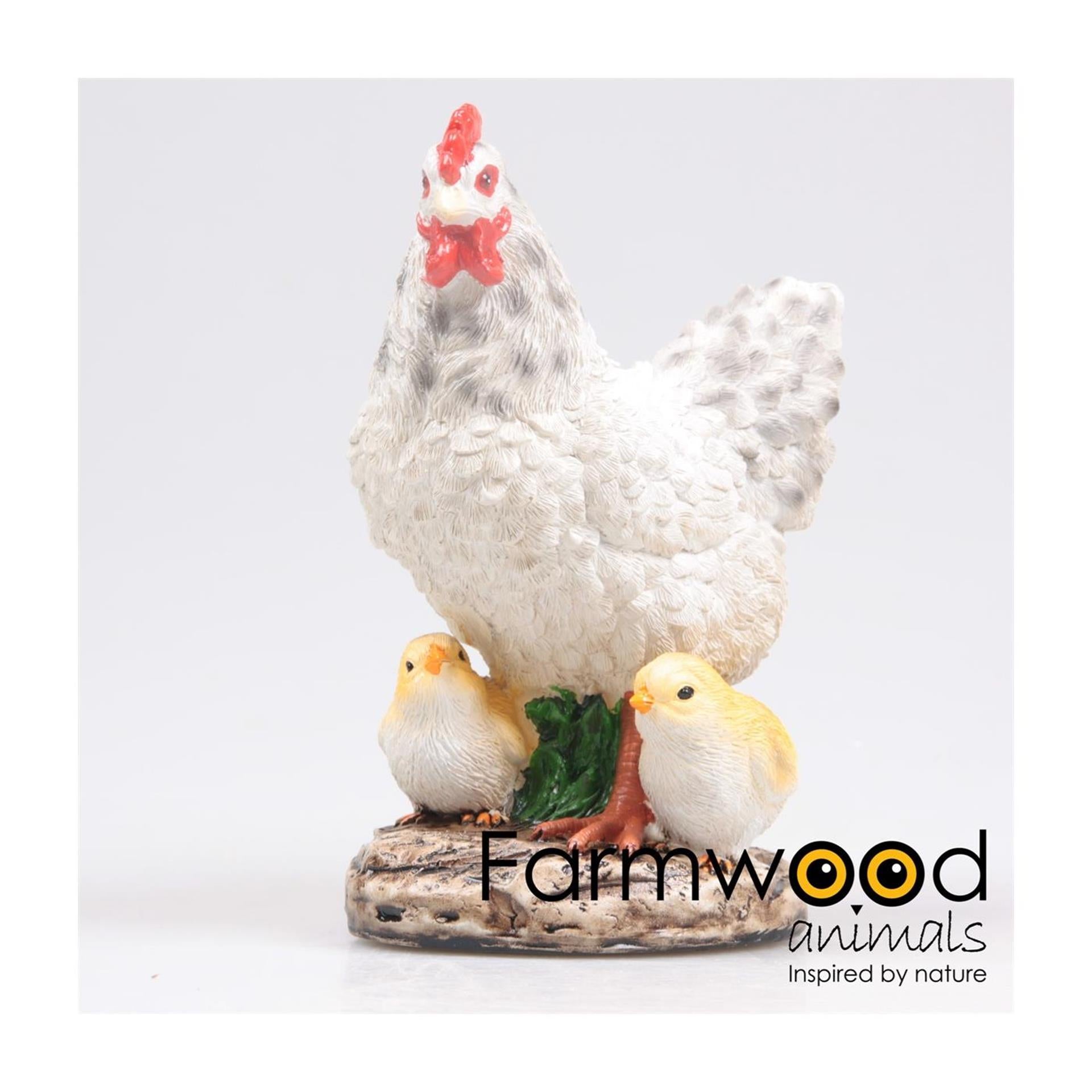 Farmwood animals tuinbeeld kip met kuiken wit 15x11x20cm