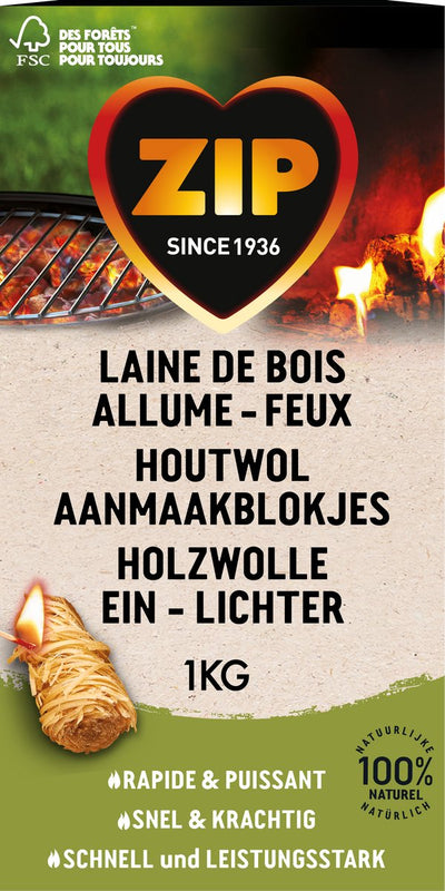 Zip aanmaakwokkels 1 kilo - aanmaakblokjes openhaard bbq - natuurlijk en geurloos - houtwol - 1 zak (+ - 85 stuks)