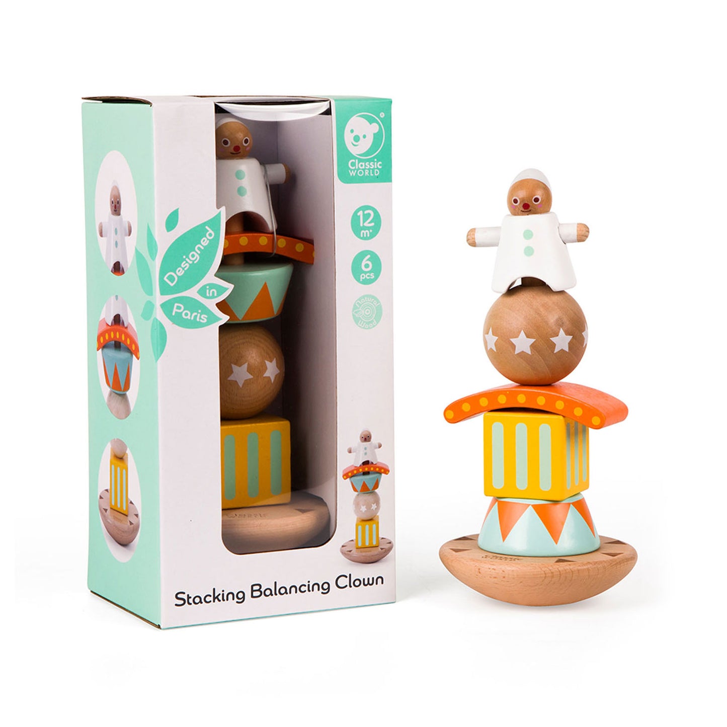 Classic world houten stapel en balansspel clown, 6dlg.