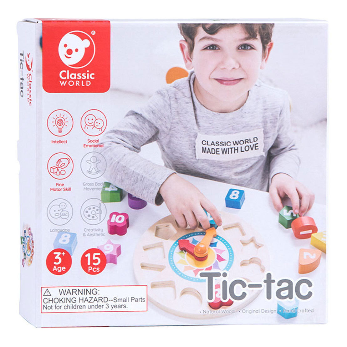 Classic World World Houten Leerklok met Vormen Tic-Tac, 15dlg.