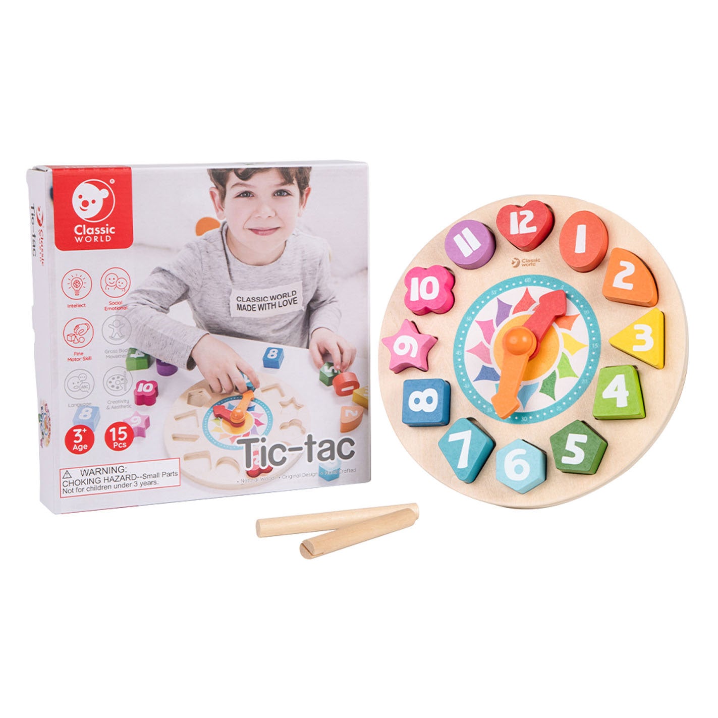 Classic World World Houten Leerklok met Vormen Tic-Tac, 15dlg.