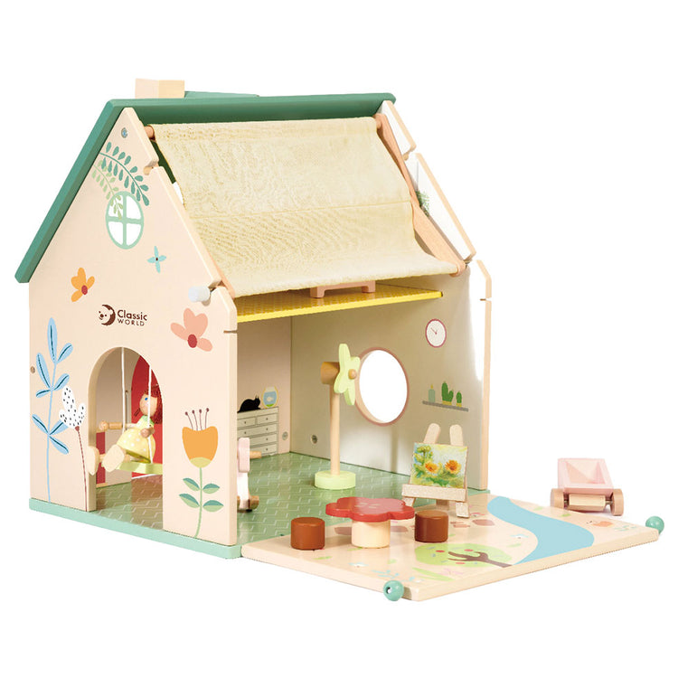Classic world houten poppenhuisje met tuintje, 10dlg.