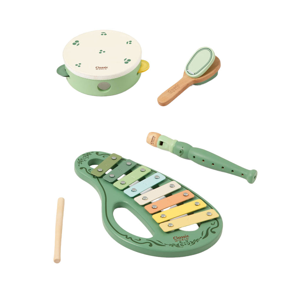 Classic world houten muziekinstrumenten set vintage 5-delig speelgoed.