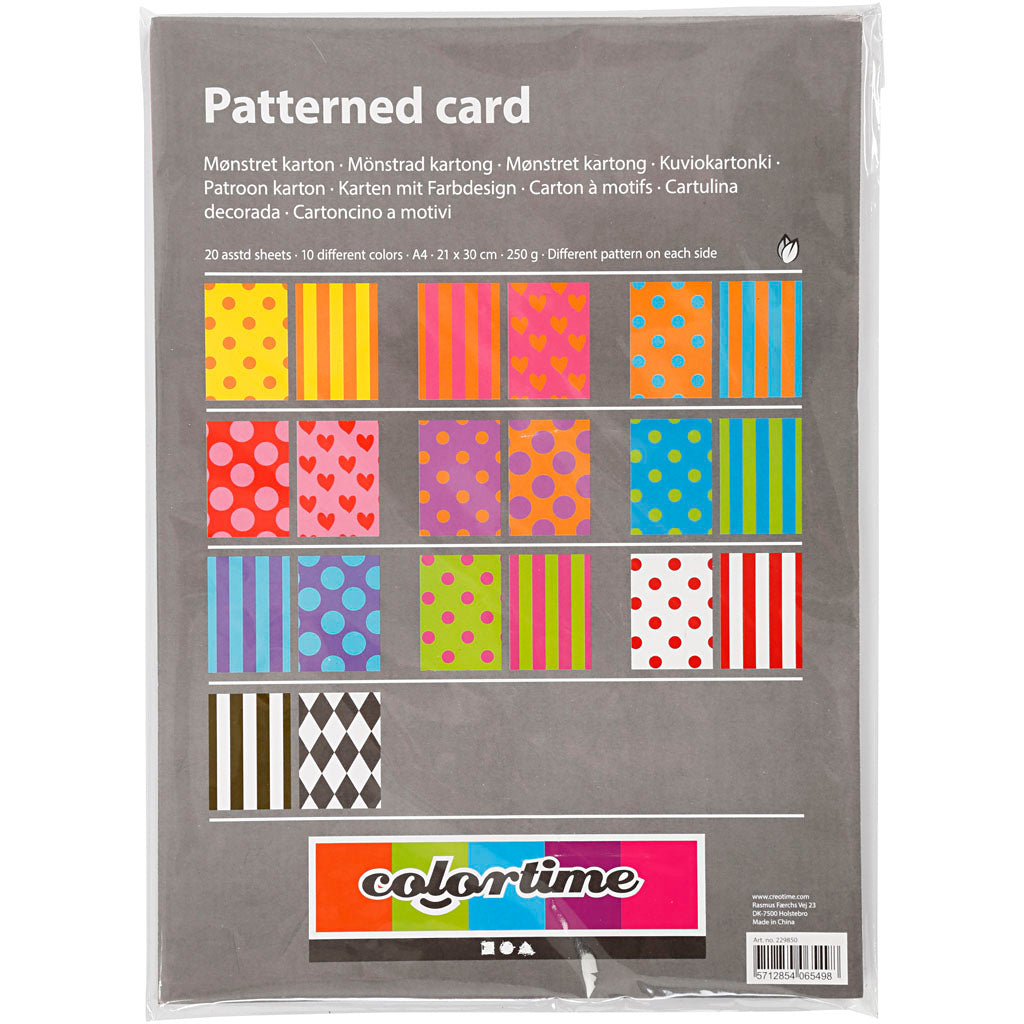 Creativ company bedrukt karton, a4, vel 210x297 mm, 250 gr, diverse kleuren, 20 div vellen 1 doos